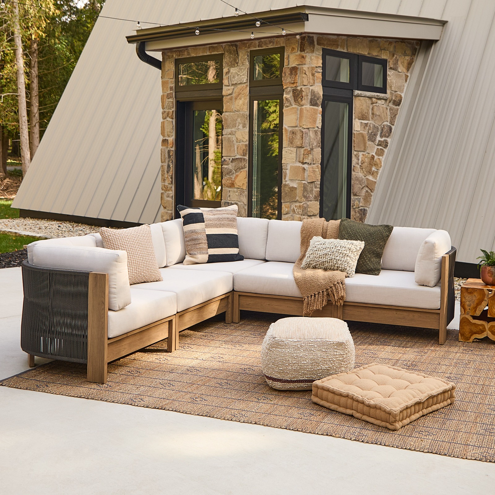 Stratton Outdoor Sectional Couch With Woven Cord and Coated Metal Frame to Look Like Wood by Real Flame