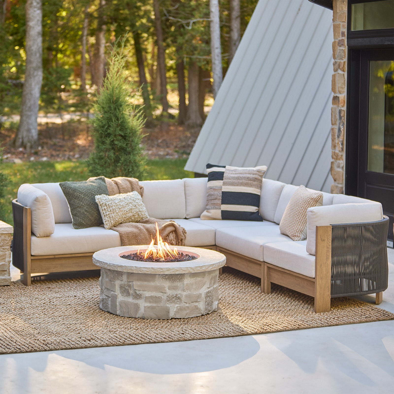 Stratton Outdoor Sectional Couch With Woven Cord and Coated Metal Frame to Look Like Wood by Real Flame