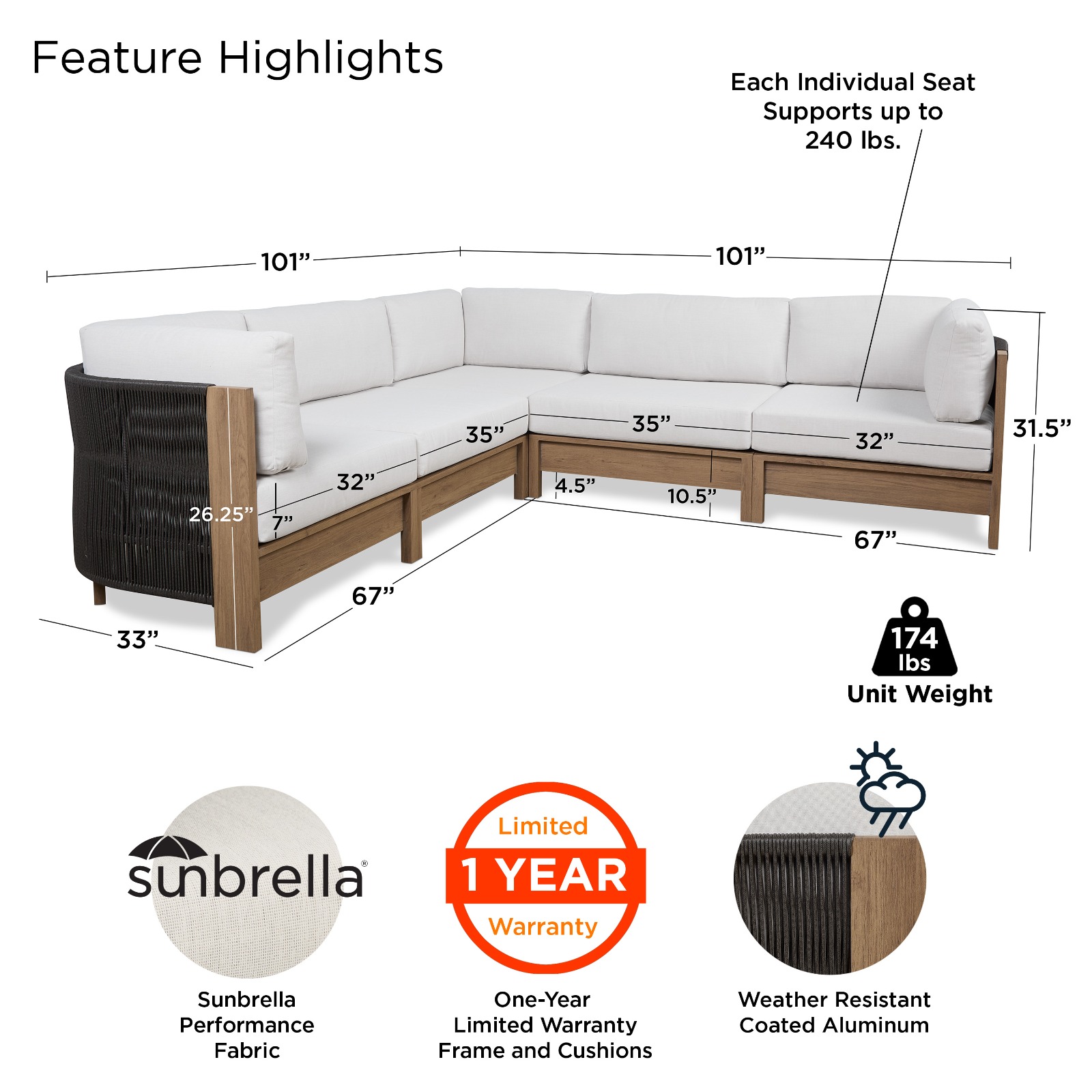 Stratton Outdoor Sectional Couch With Woven Cord and Coated Metal Frame to Look Like Wood by Real Flame