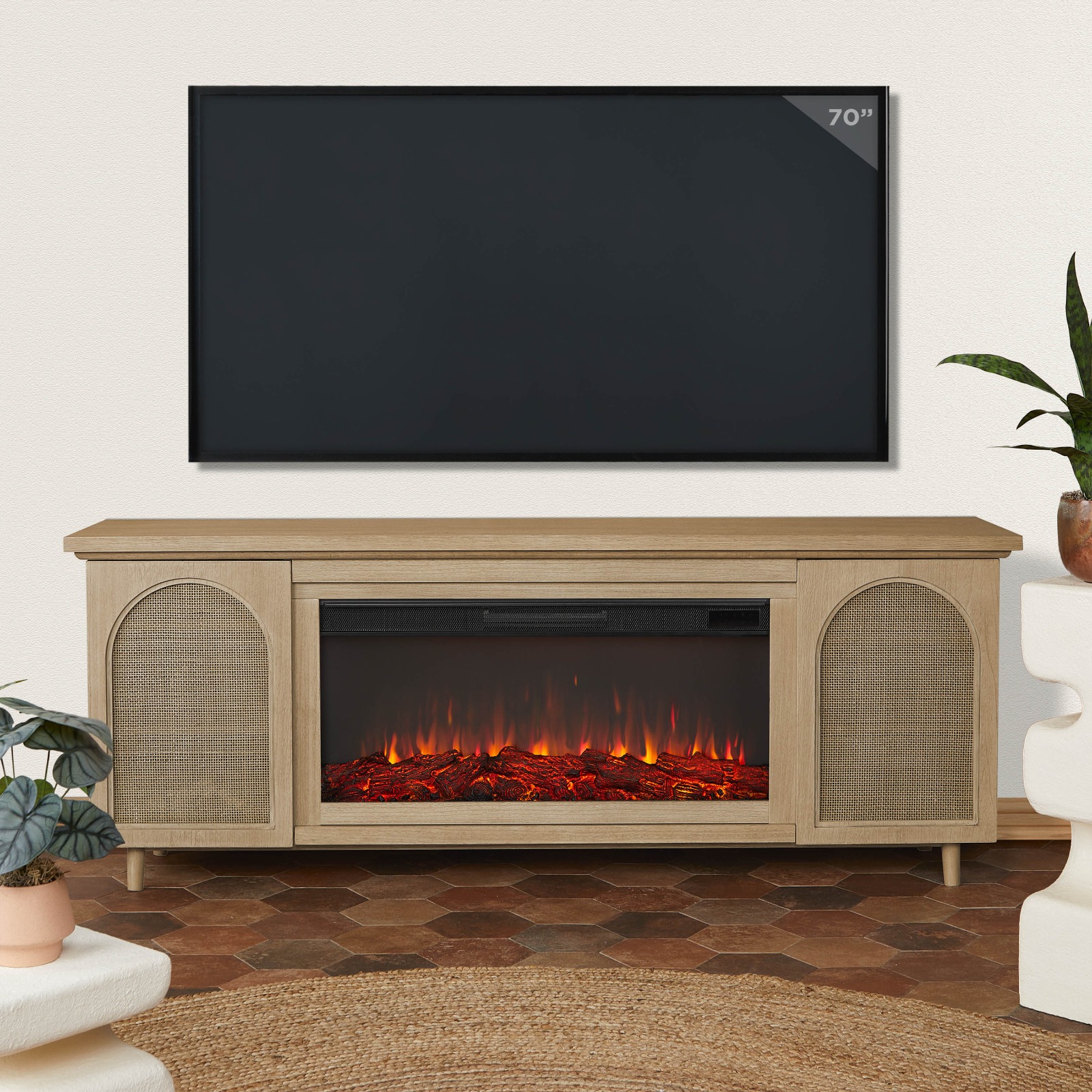 Dahlia Electric Fireplace With Brown Wood Mantel  TV Entertainment Center Wicker Bohemian Style Indoor Heater