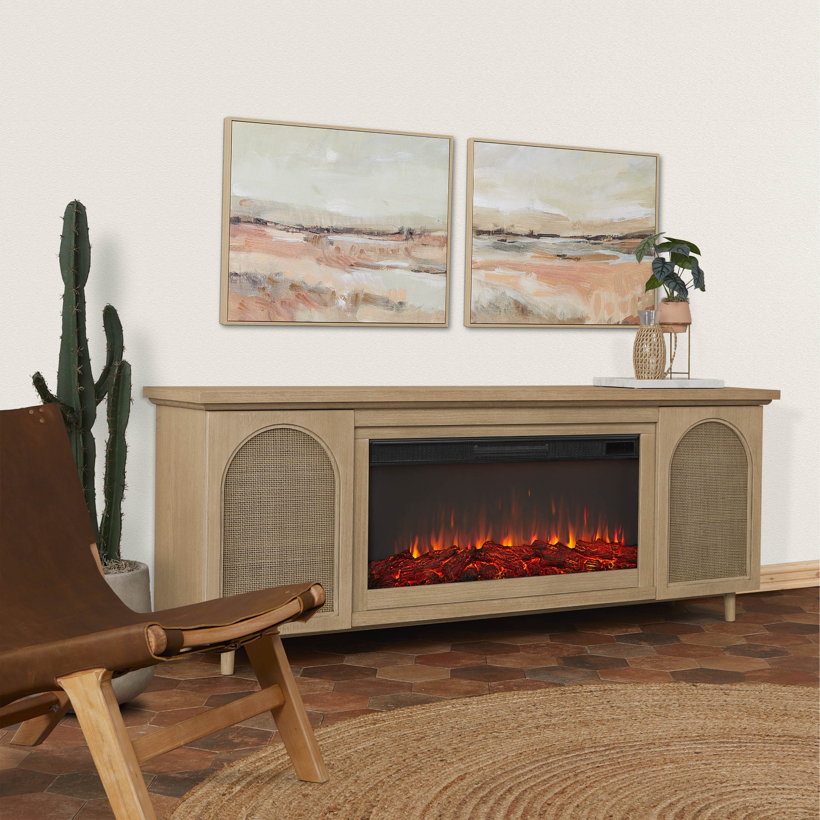 Dahlia Electric Fireplace With Brown Wood Mantel  TV Entertainment Center Wicker Bohemian Style Indoor Heater