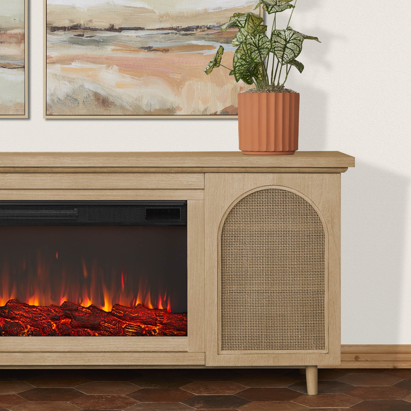 Dahlia Electric Fireplace With Brown Wood Mantel  TV Entertainment Center Wicker Bohemian Style Indoor Heater