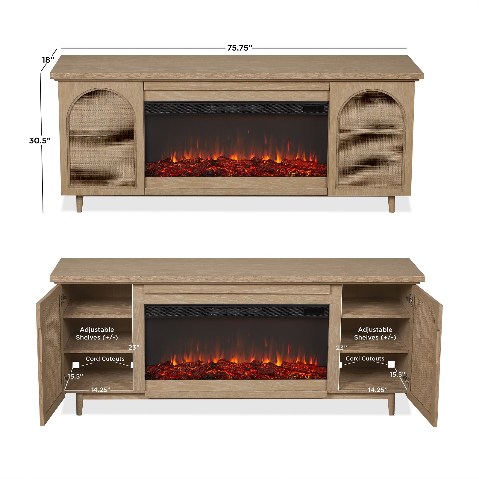 Dahlia Electric Fireplace With Brown Wood Mantel  TV Entertainment Center Wicker Bohemian Style Indoor Heater