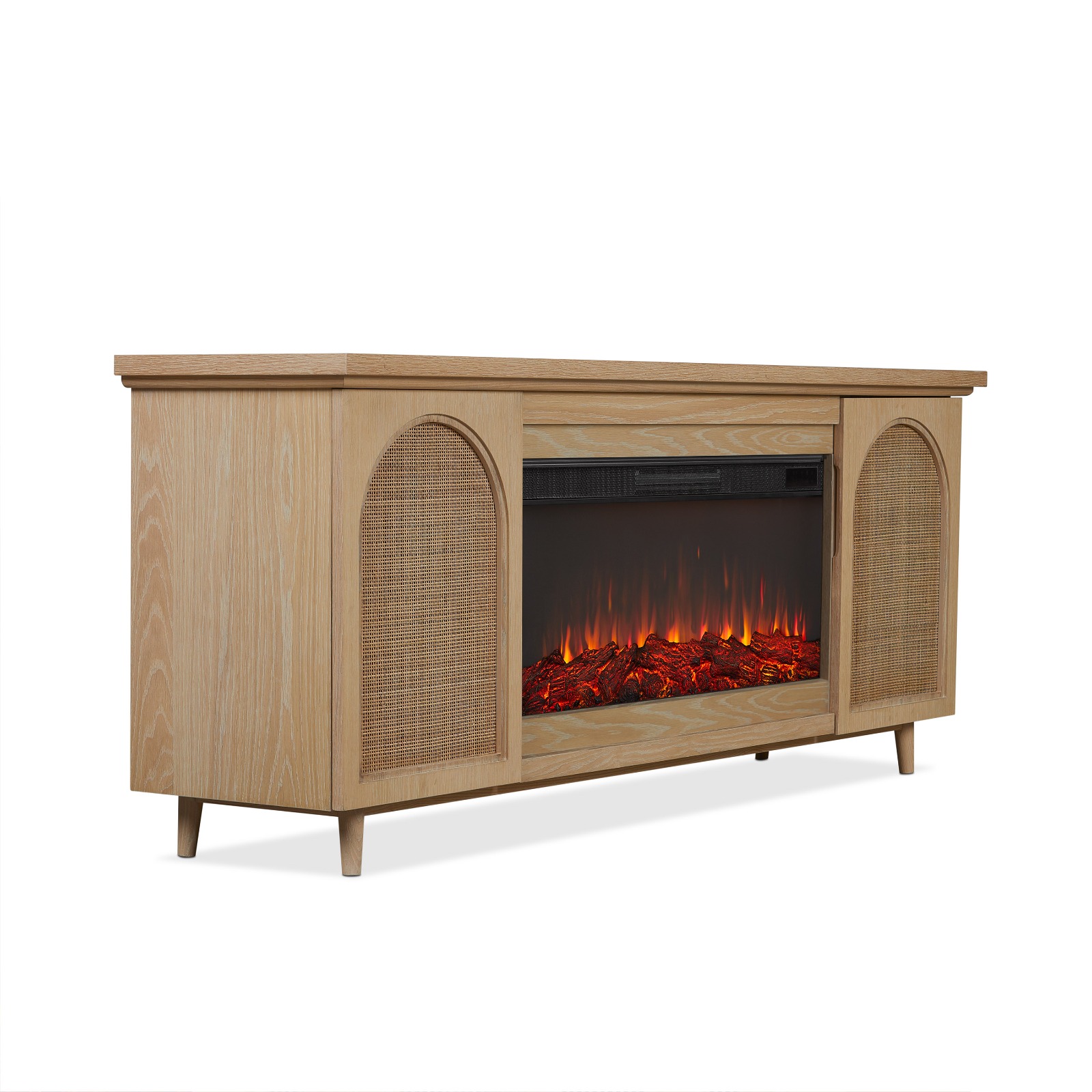 Dahlia Electric Fireplace With Brown Wood Mantel  TV Entertainment Center Wicker Bohemian Style Indoor Heater