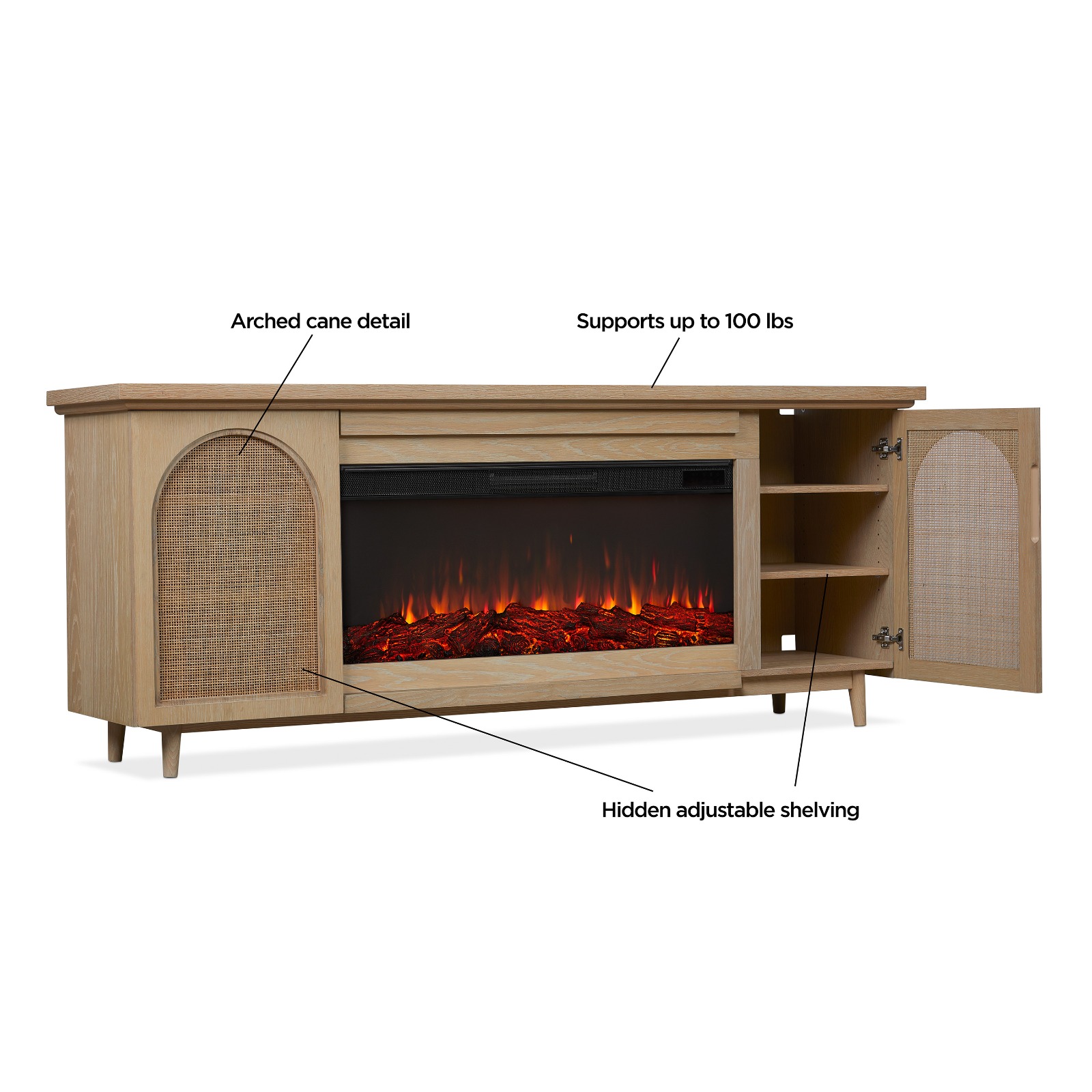 Dahlia Electric Fireplace With Brown Wood Mantel  TV Entertainment Center Wicker Bohemian Style Indoor Heater