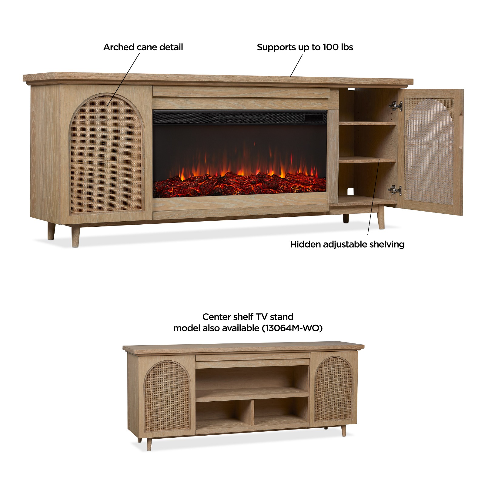 Dahlia Electric Fireplace With Brown Wood Mantel  TV Entertainment Center Wicker Bohemian Style Indoor Heater