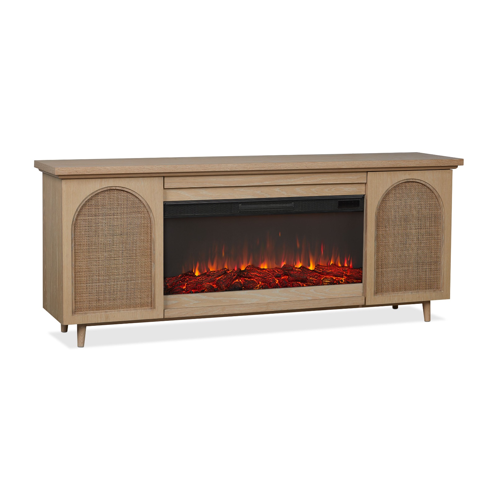 Dahlia Electric Fireplace With Brown Wood Mantel  TV Entertainment Center Wicker Bohemian Style Indoor Heater