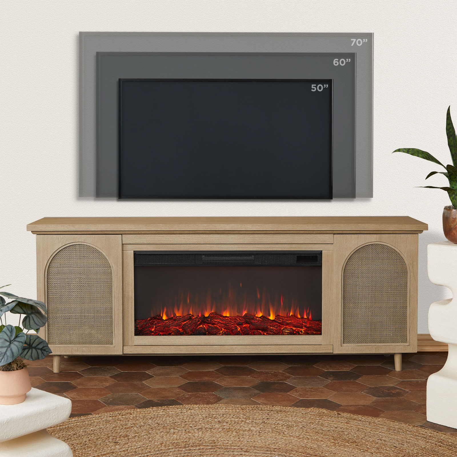 Dahlia Electric Fireplace With Brown Wood Mantel  TV Entertainment Center Wicker Bohemian Style Indoor Heater