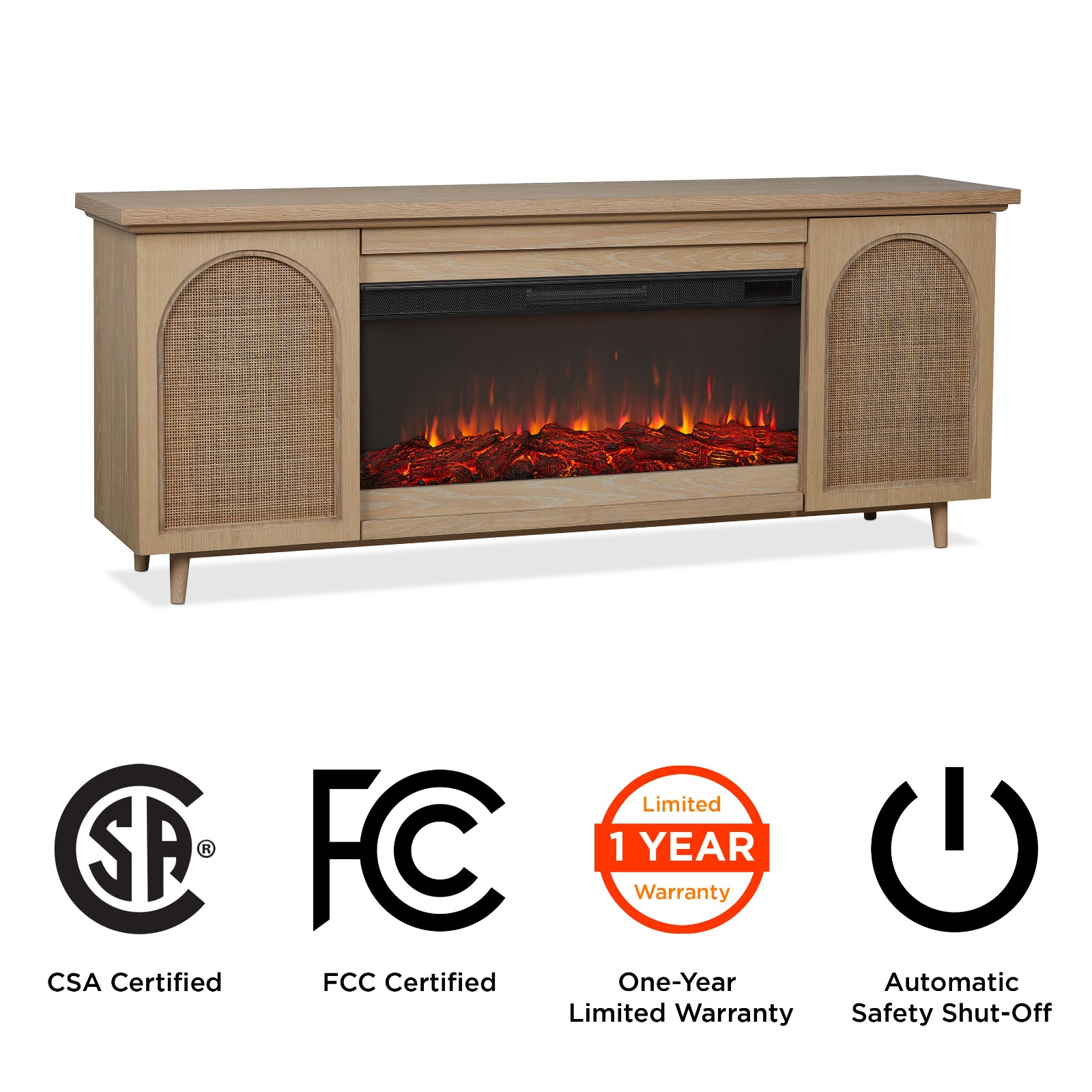 Dahlia Electric Fireplace With Brown Wood Mantel  TV Entertainment Center Wicker Bohemian Style Indoor Heater