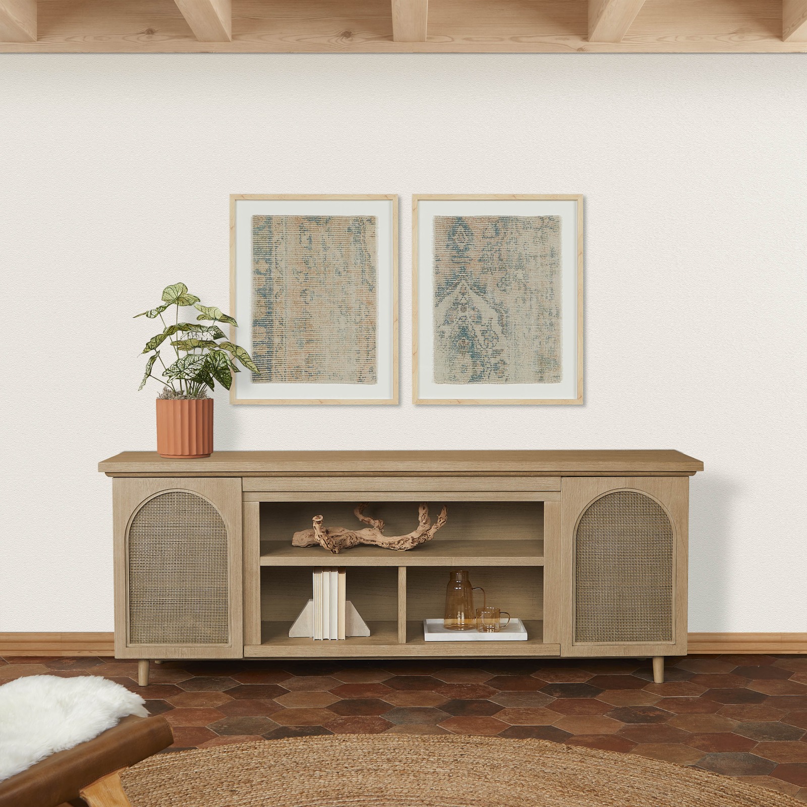 Dahlia Brown Wood TV Stand Entertainment Center With Shelves And Wicker Cabinet Doors