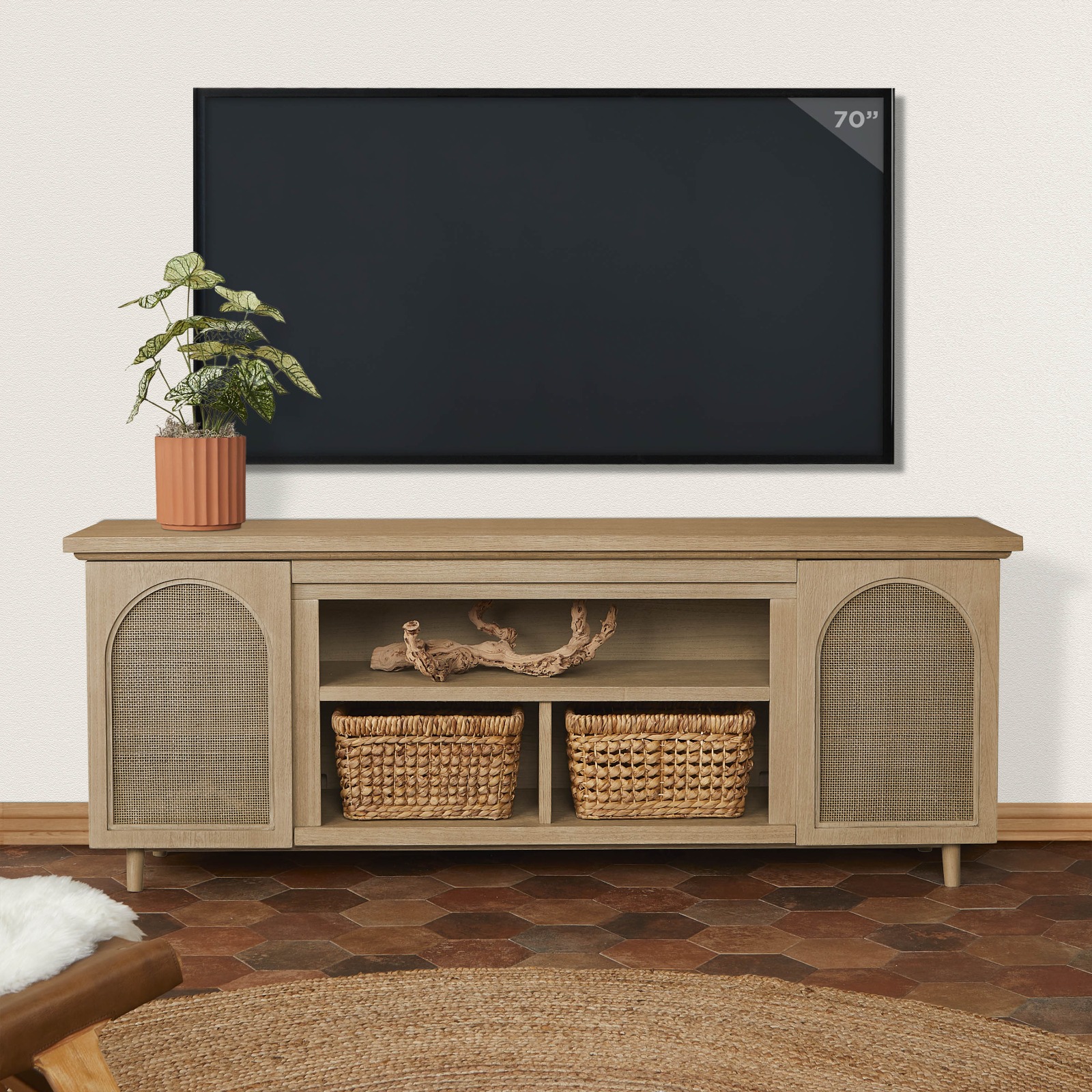 Dahlia Brown Wood TV Stand Entertainment Center With Shelves And Wicker Cabinet Doors