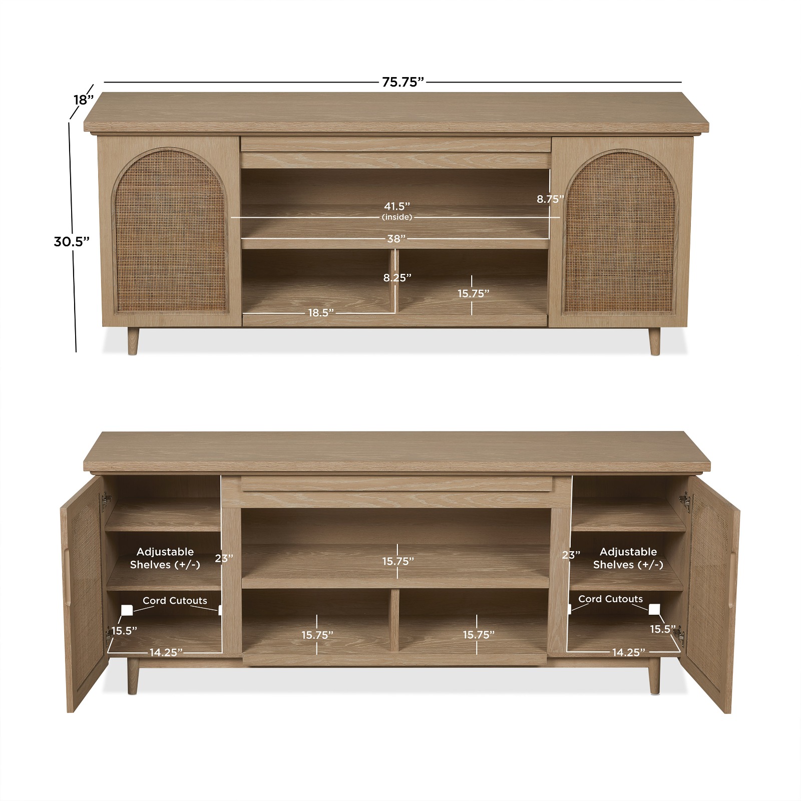 Dahlia Brown Wood TV Stand Entertainment Center With Shelves And Wicker Cabinet Doors