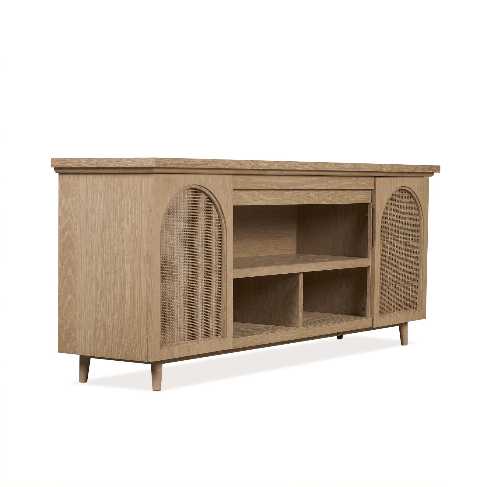 Dahlia Brown Wood TV Stand Entertainment Center With Shelves And Wicker Cabinet Doors