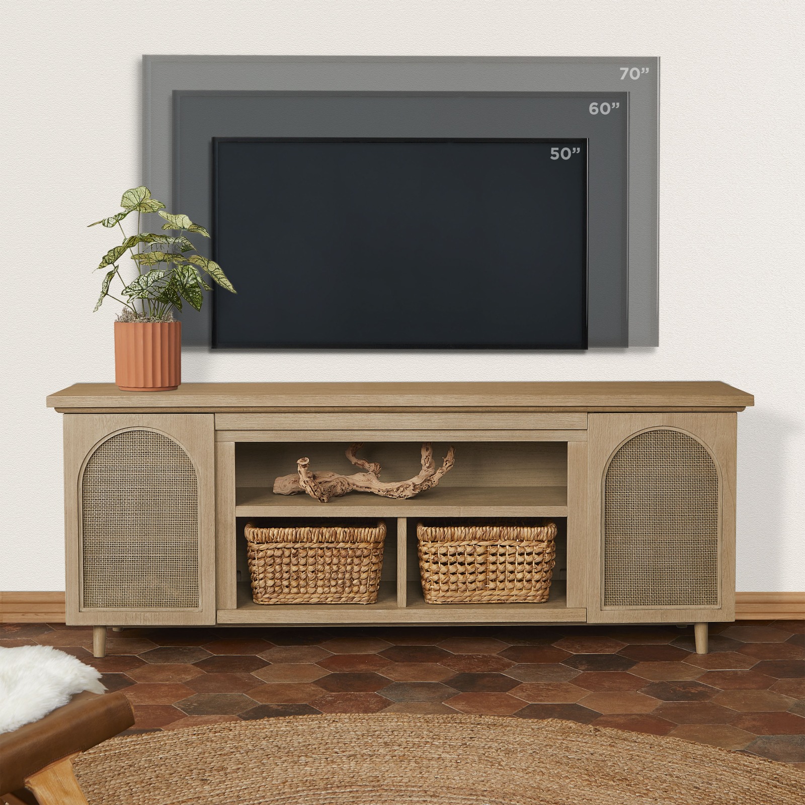 Dahlia Brown Wood TV Stand Entertainment Center With Shelves And Wicker Cabinet Doors