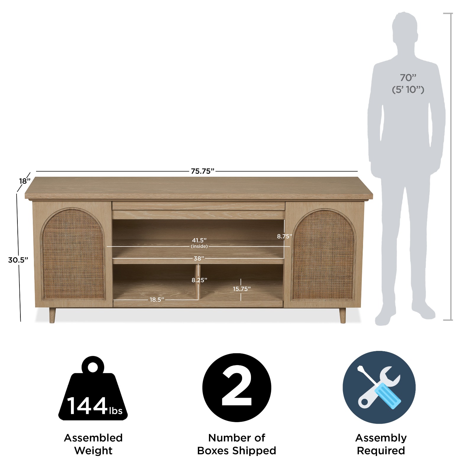 Dahlia Brown Wood TV Stand Entertainment Center With Shelves And Wicker Cabinet Doors