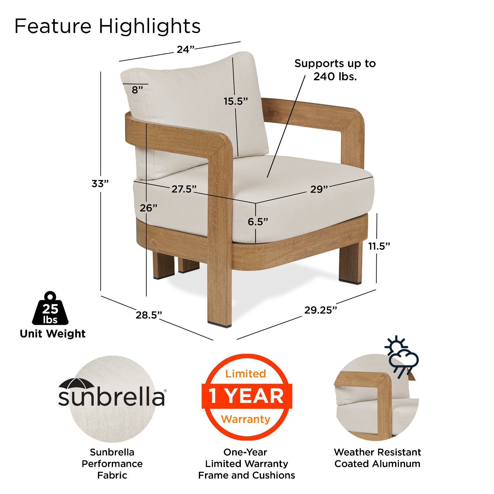 Arlo Outdoor Chair and Couch Aluminum With a Weathered Wood Finish with Off White Cushions Patio Furniture by Real Flame