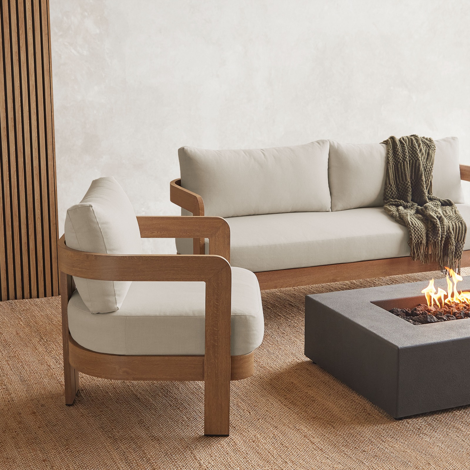 Arlo Outdoor Chair and Couch Aluminum With a Weathered Wood Finish with Off White Cushions Patio Furniture by Real Flame