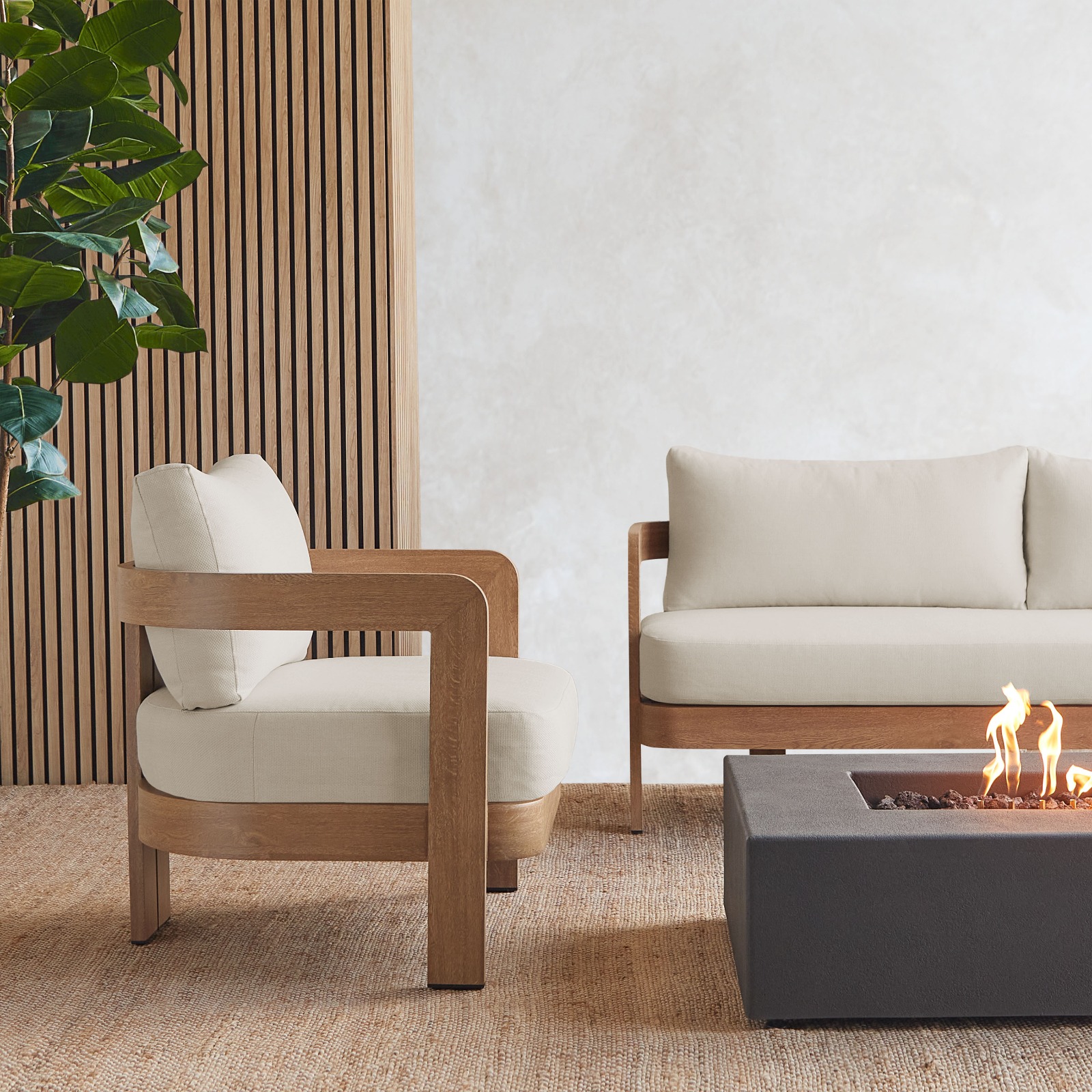 Arlo Outdoor Chair and Couch Aluminum With a Weathered Wood Finish with Off White Cushions Patio Furniture by Real Flame