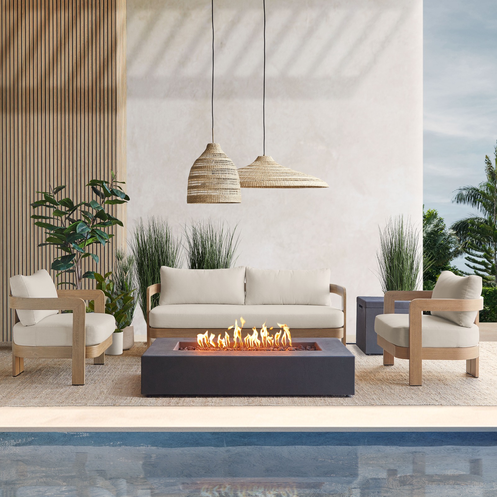 Arlo Outdoor Chair and Couch Aluminum With a Weathered Wood Finish with Off White Cushions Patio Furniture by Real Flame