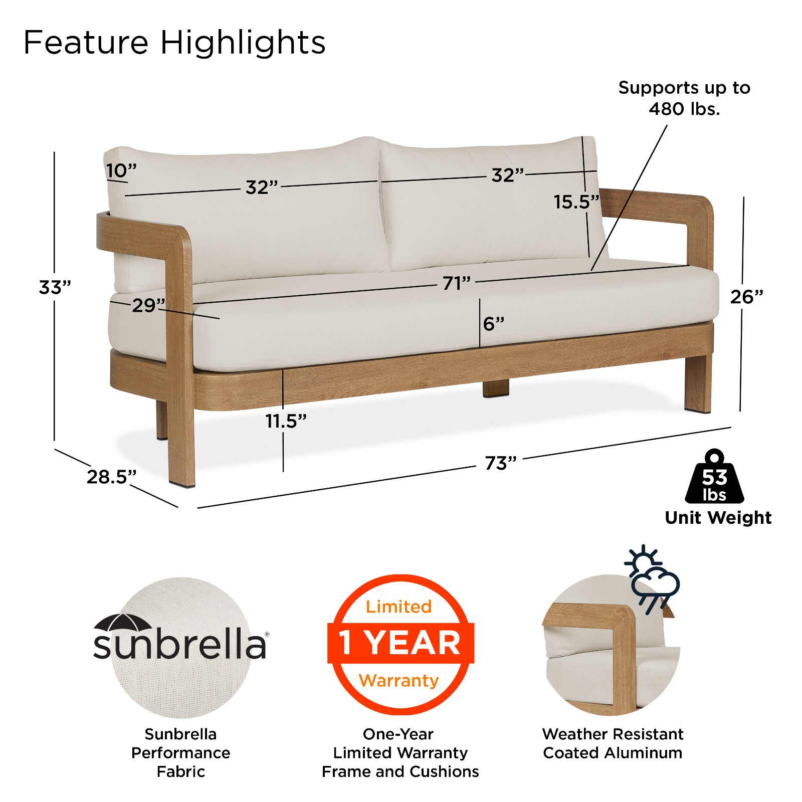 Arlo Outdoor Couch Aluminum With a Weathered Wood Finish With Off White Cushions Patio Furniture by Real Flame