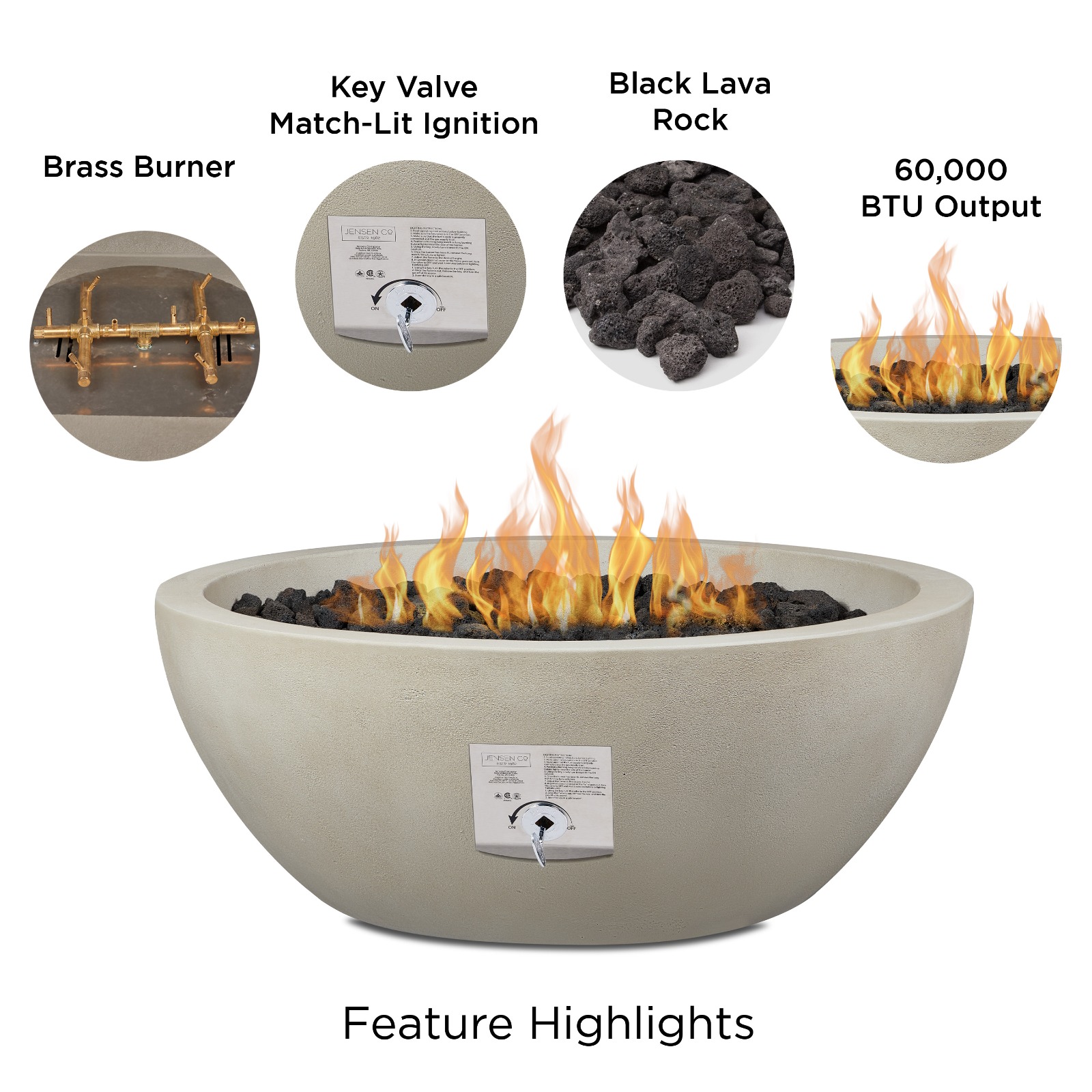 Eldora 38" GFRC Propane Fire Pit Propane Fire Bowl Outdoor Fireplace Fire Table for Backyard or Patio