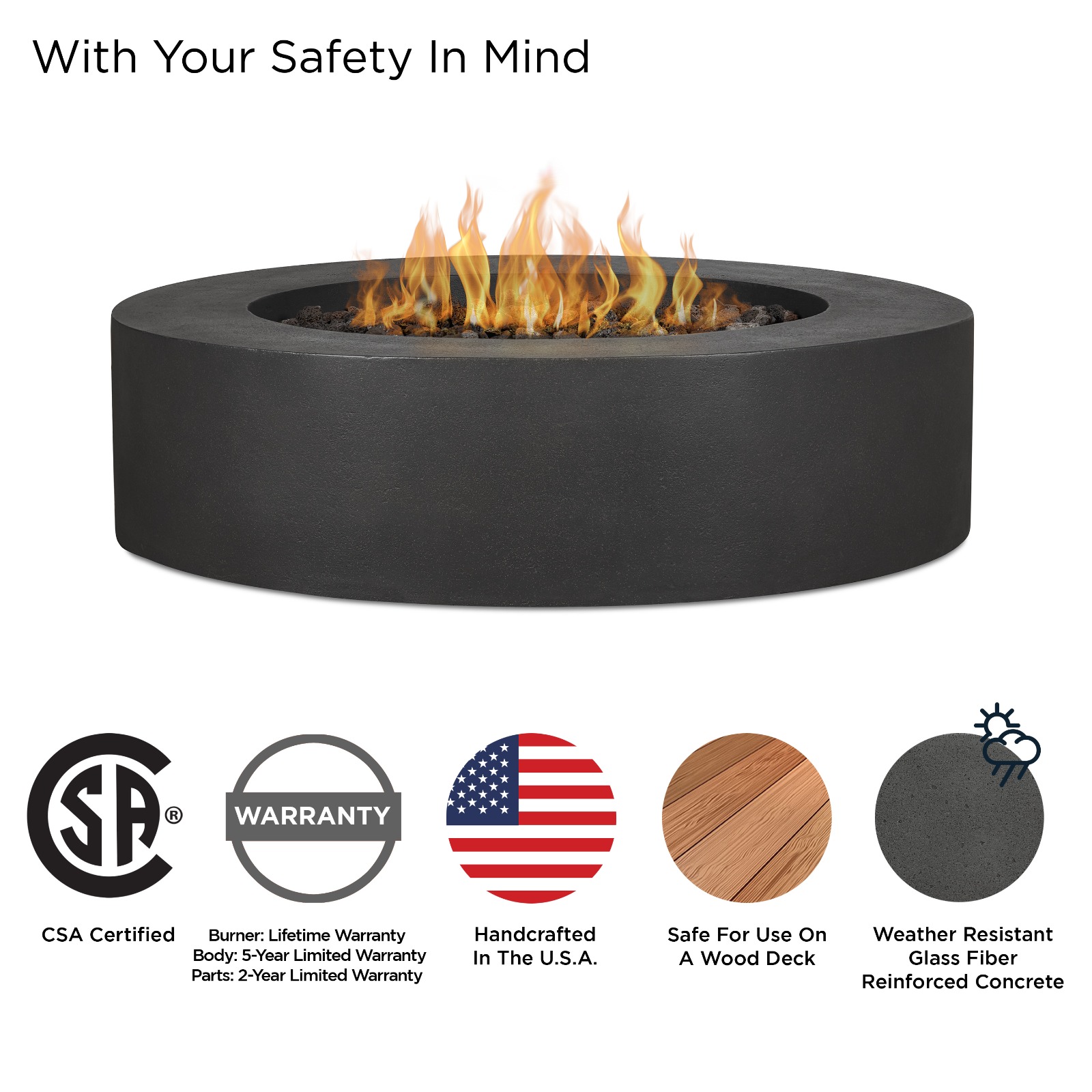 43"La Valle  Round Propane Fire Table in Flint on white background