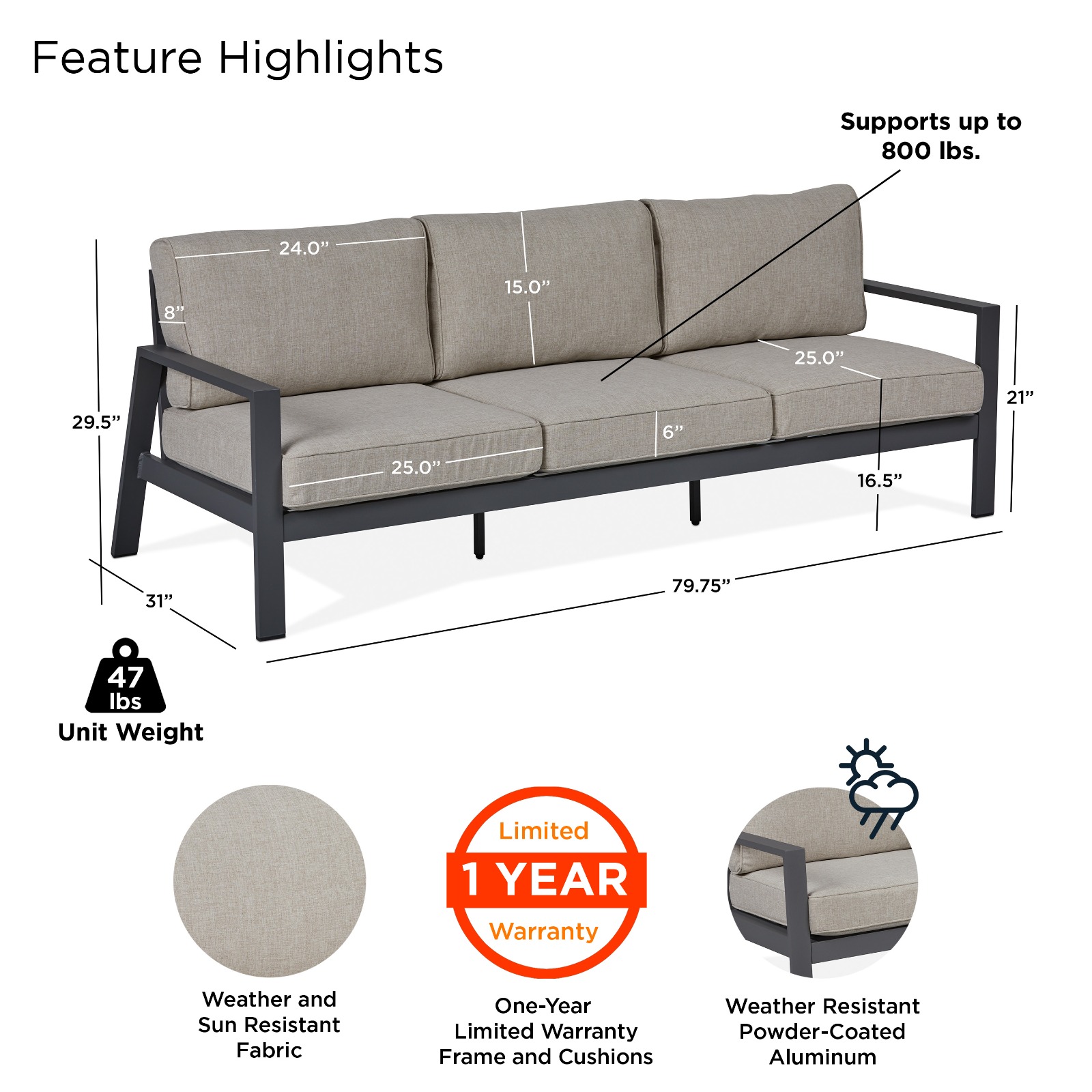 Aegean Outdoor Three Seat Sofa Couch Patio Furniture