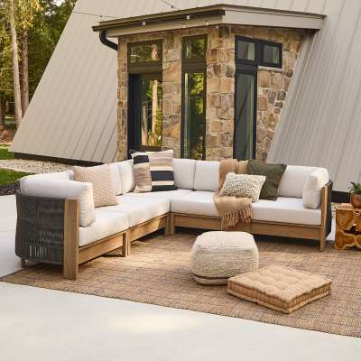 Stratton Outdoor Sectional Couch With Woven Cord and Coated Metal Frame to Look Like Wood by Real Flame