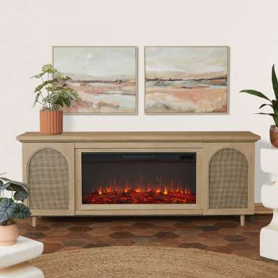 Dahlia Electric Fireplace With Brown Wood Mantel  TV Entertainment Center Wicker Bohemian Style Indoor Heater