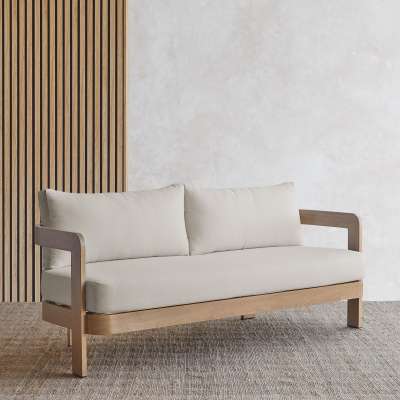 Arlo Outdoor Couch Aluminum With a Weathered Wood Finish With Off White Cushions Patio Furniture by Real Flame